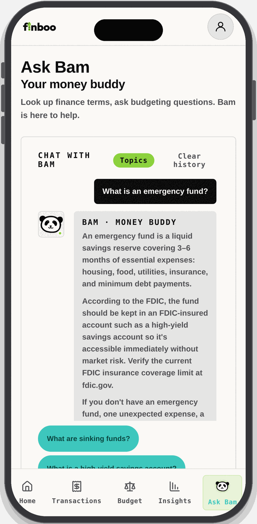 Finboo app: Ask Bam