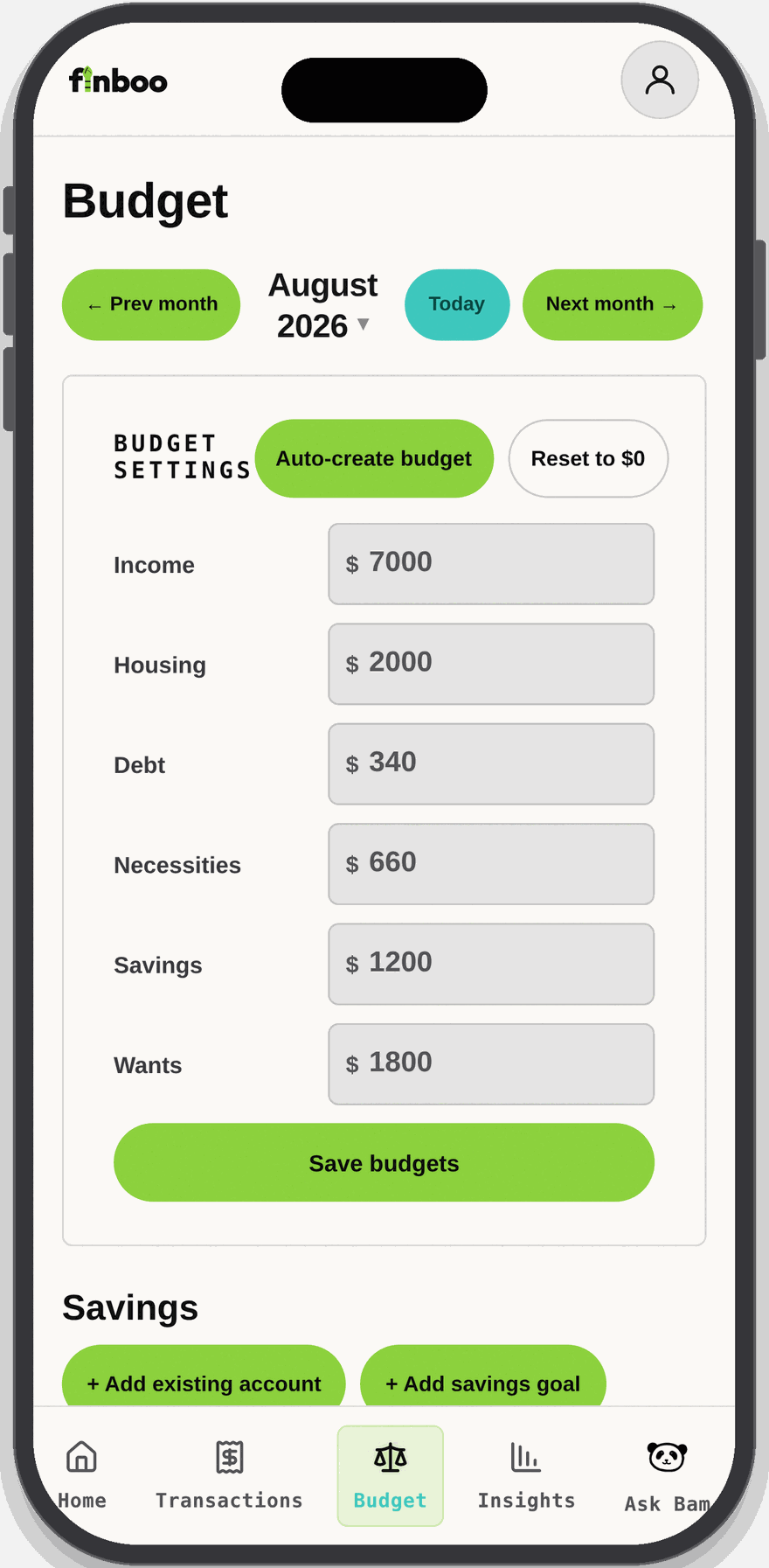 Finboo app: Budget