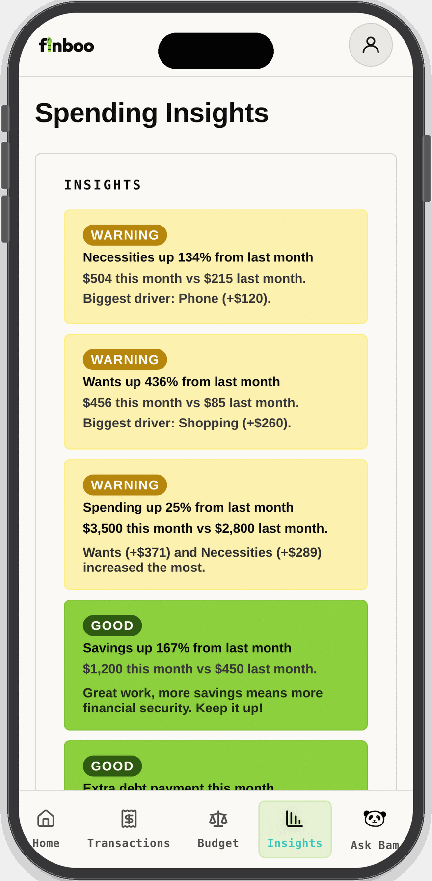 Finboo app: Insights