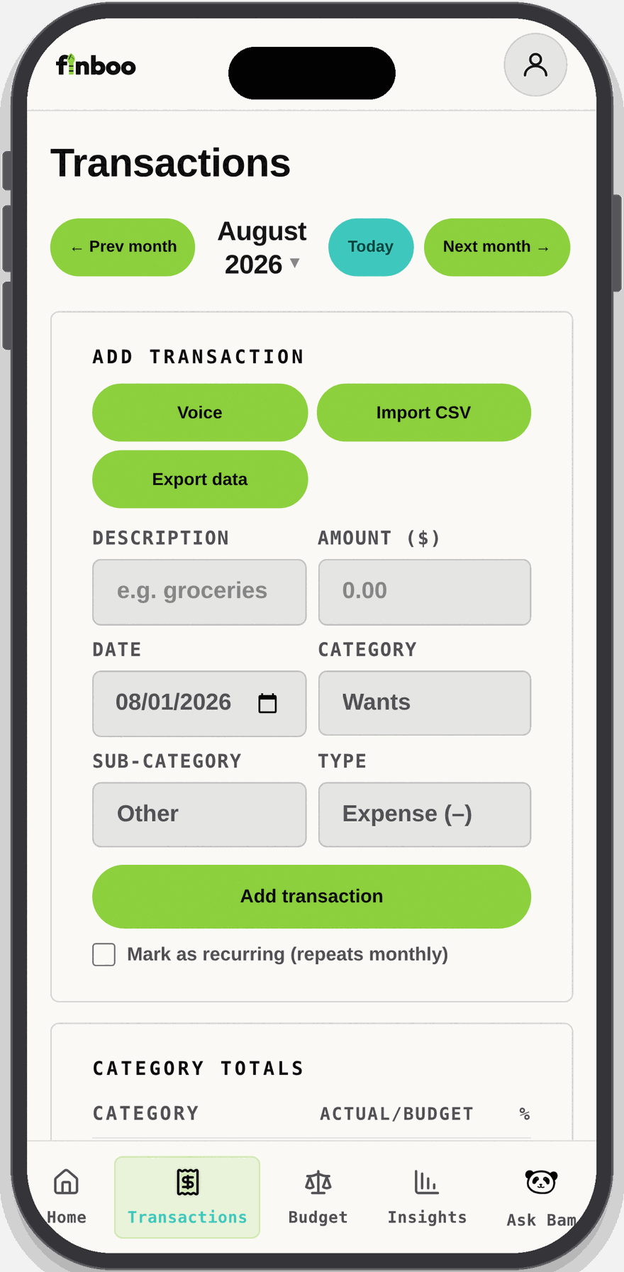 Finboo app: Transactions