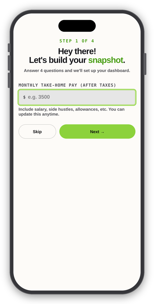 Finboo onboarding step 1 of 4: monthly take-home pay