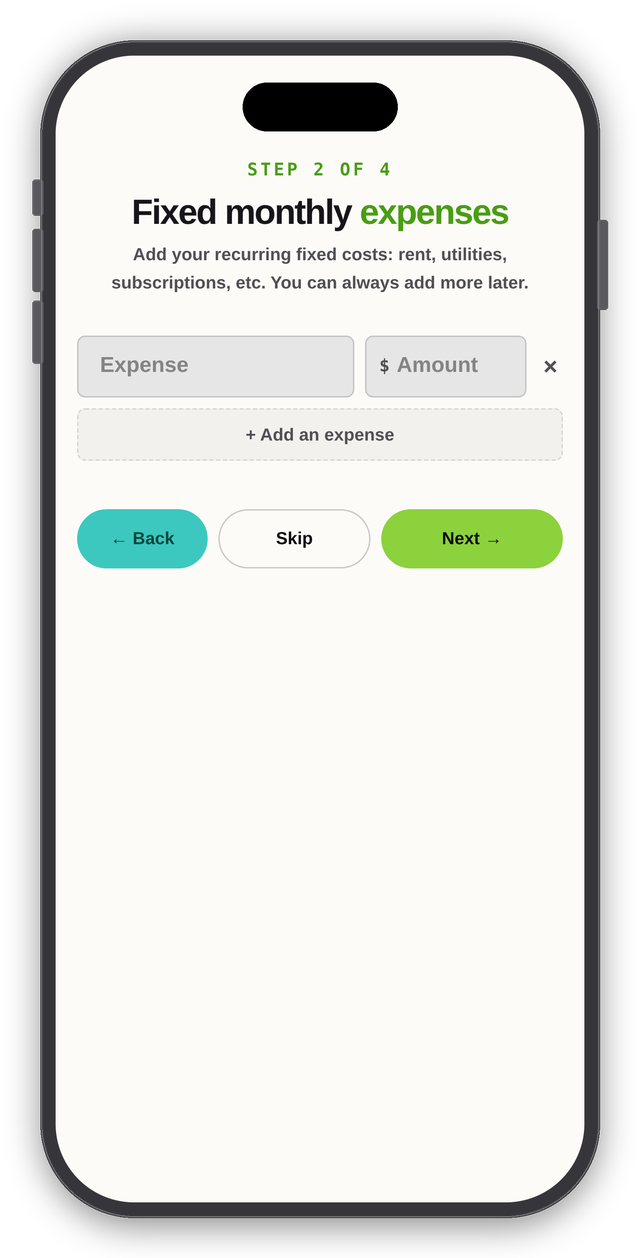 Finboo onboarding step 2 of 4: fixed monthly expenses