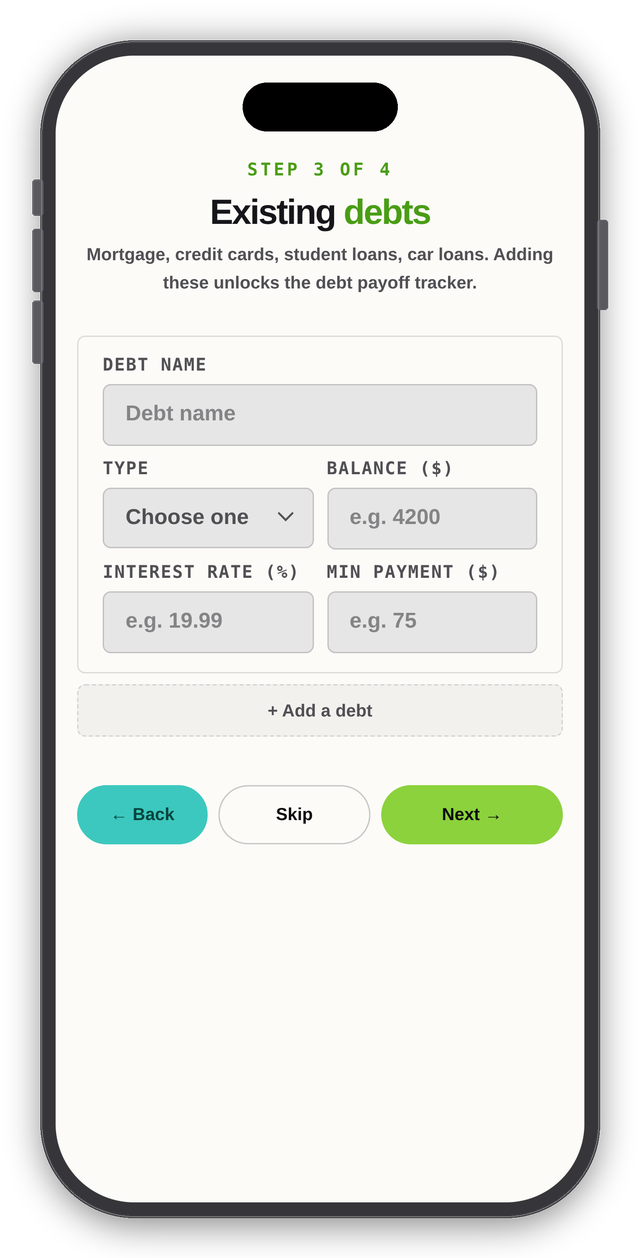 Finboo onboarding step 3 of 4: existing debts