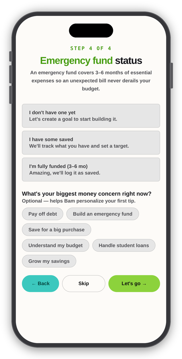 Finboo onboarding step 4 of 4: emergency fund status
